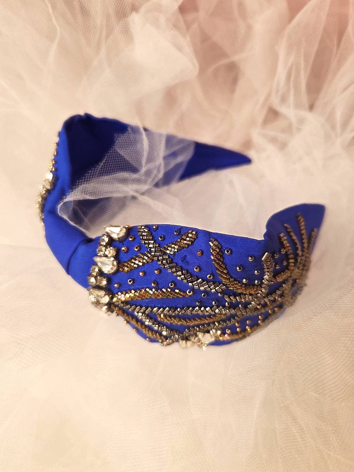 hårbøjle håndlavet blå med kobberperler - ligggende