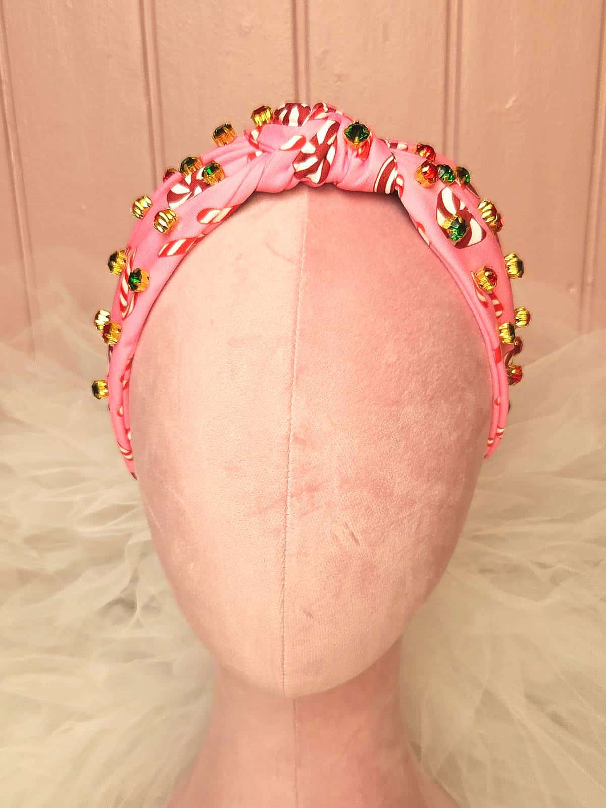 hårbøjle håndlavet lyserød med candy canes - forfra