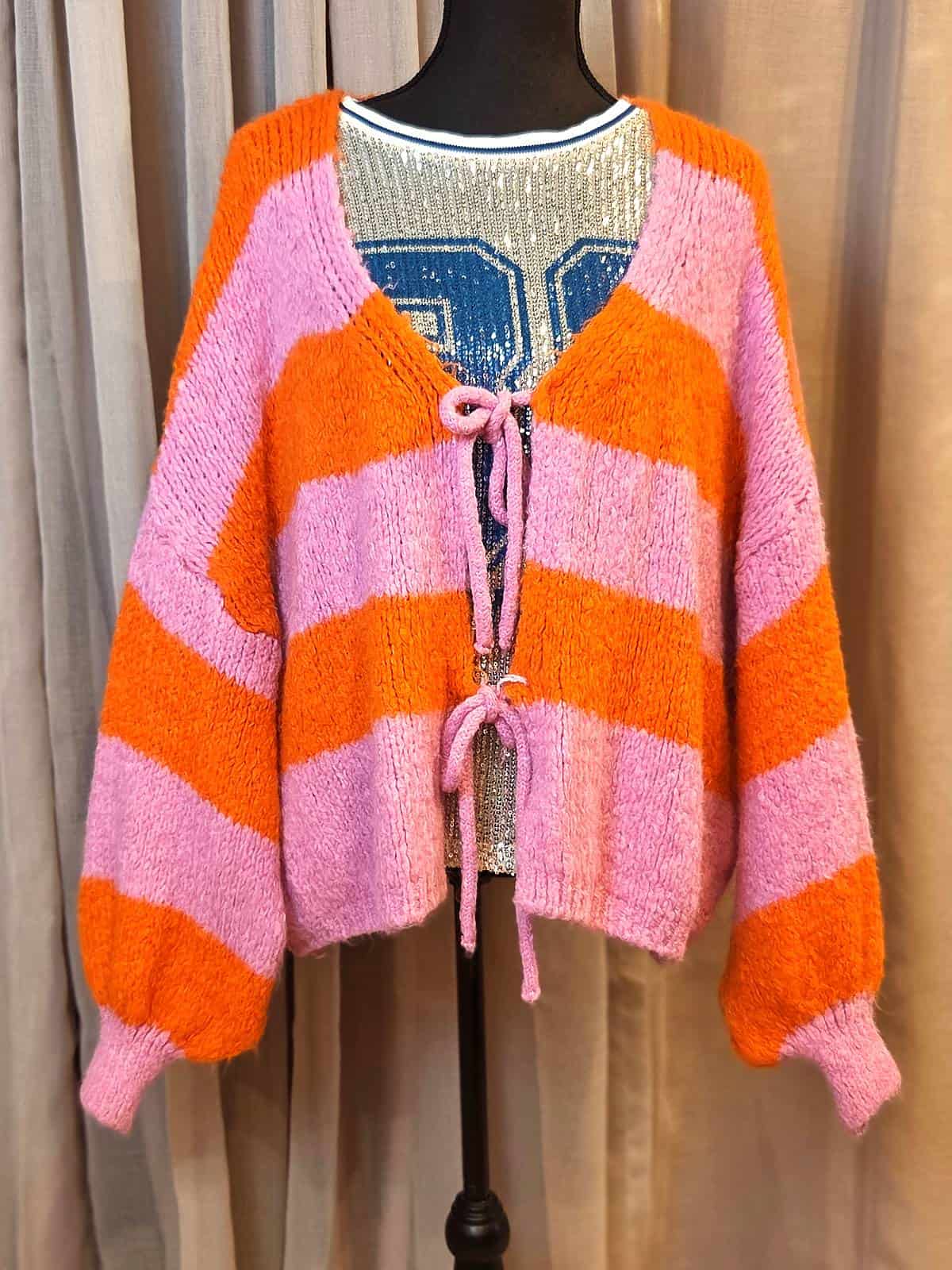 Strik cardigan pink orange sløjfer