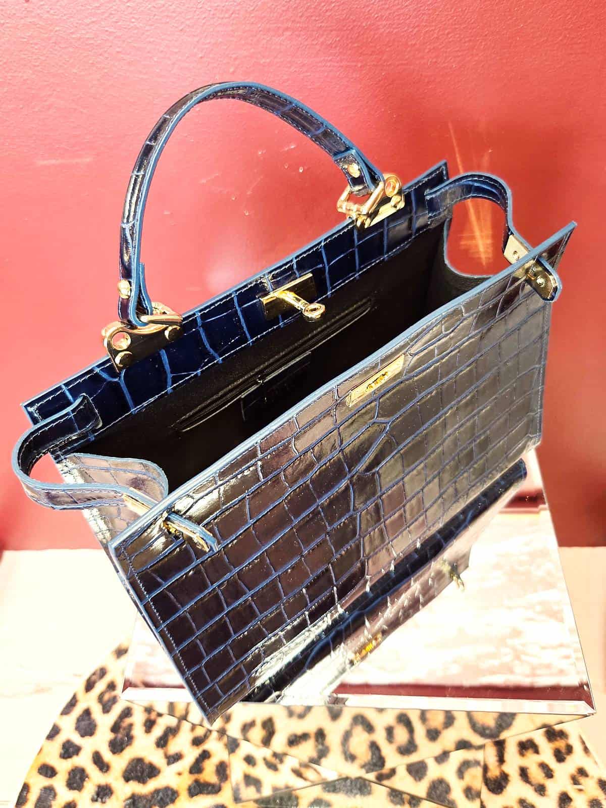 lædertaske croco blå åben