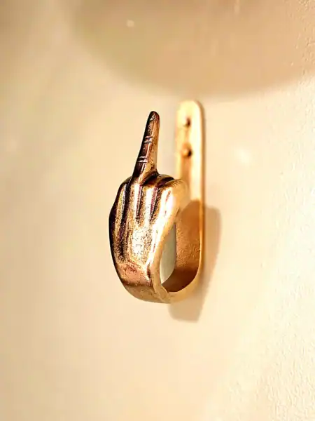 Guld vægkrog formet som en hånd med midterfingeren oppe, dekorativt og unikt design.