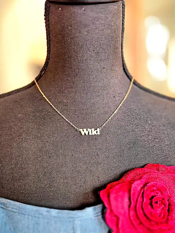Halskæde med "Wild" vedhæng på sort mannequin, perfekt til stilfuldt look.