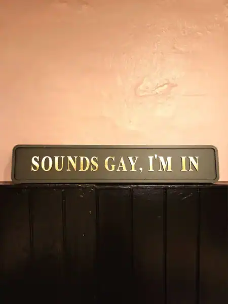 Skilt med teksten 'SOUNDS GAY, I'M IN' i et indendørs miljø.