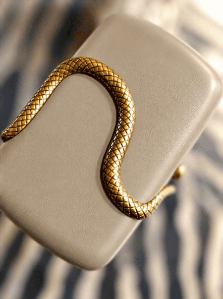 Elegant slange clutch i khaki med gulddetaljer.
